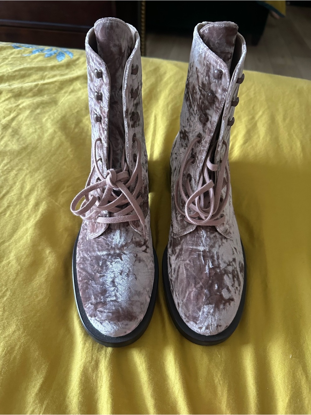 Stuart Weitzman Crushed Velvet Lace-Up Ankle Boots in Dusty Rose